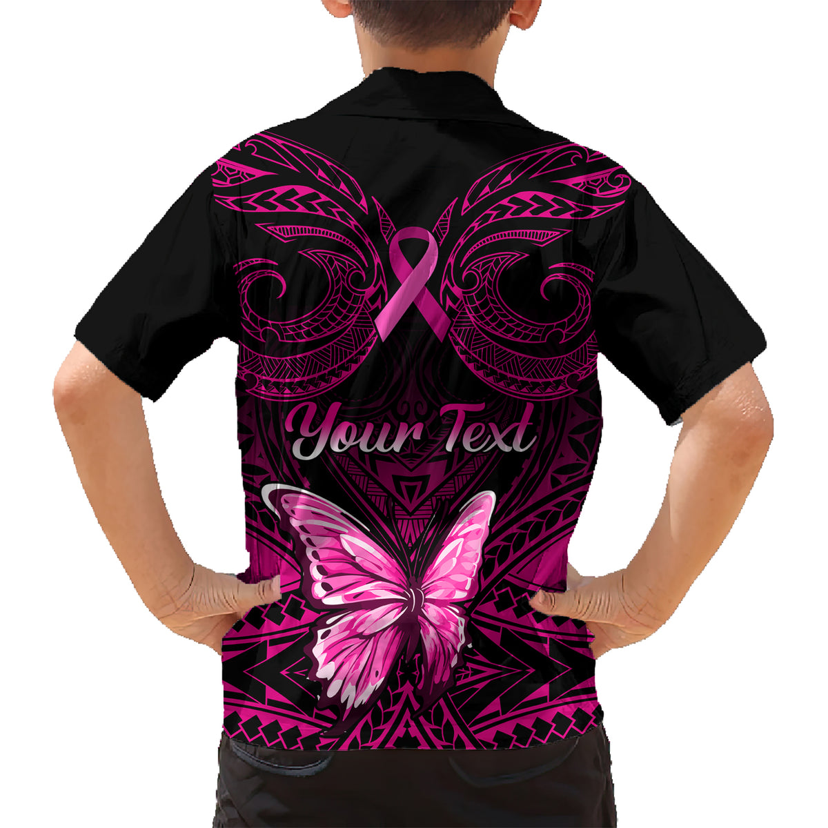 personalised-pink-out-family-matching-short-sleeve-bodycon-dress-and-hawaiian-shirt-breast-cancer-awareness-polynesian-pattern-black-version