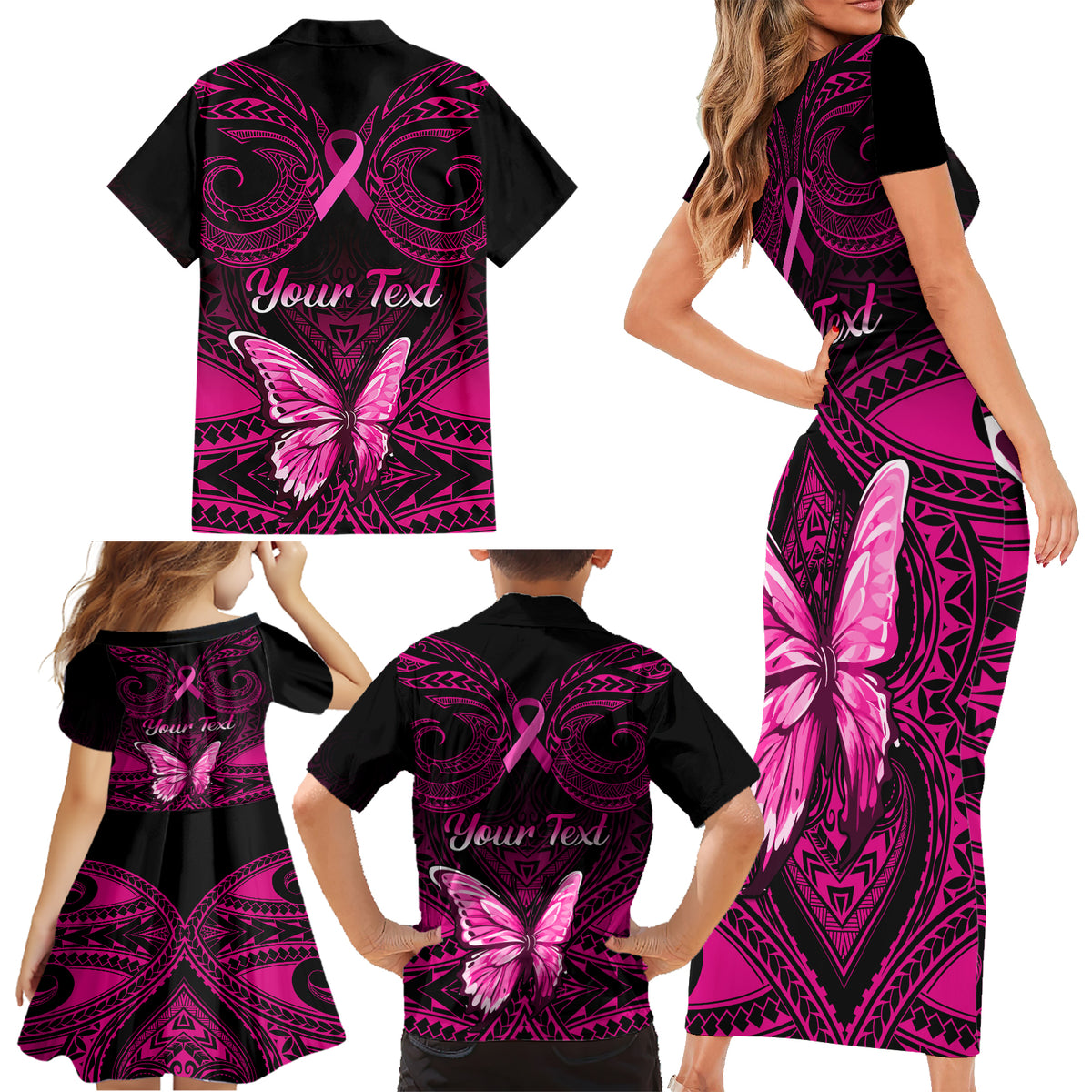 personalised-pink-out-family-matching-short-sleeve-bodycon-dress-and-hawaiian-shirt-breast-cancer-awareness-polynesian-pattern-black-version