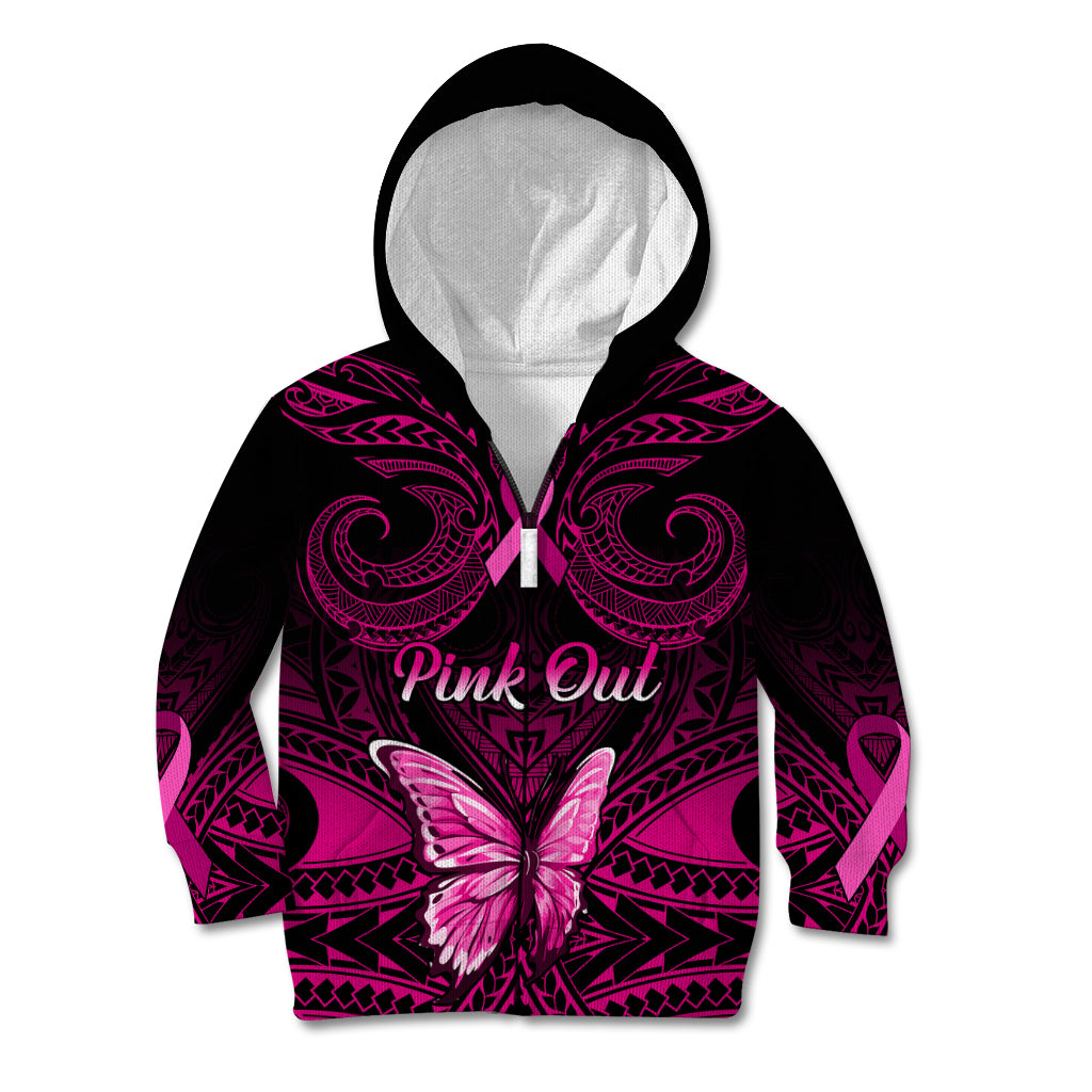 Personalised Pink Out Kid Hoodie Breast Cancer Awareness Polynesian Pattern Black Version LT01 Zip Hoodie Black - Polynesian Pride