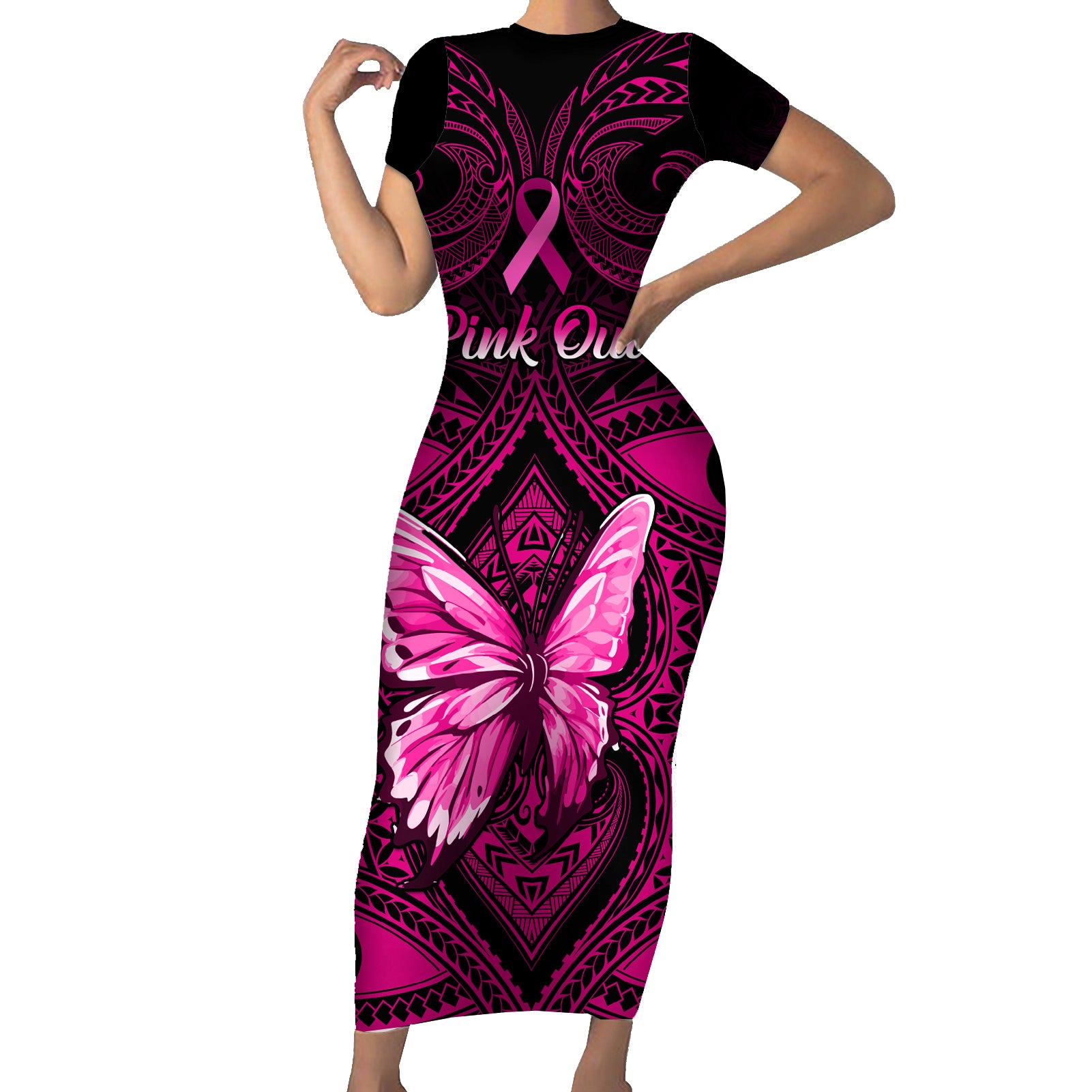 personalised-pink-out-short-sleeve-bodycon-dress-breast-cancer-awareness-polynesian-pattern-black-version