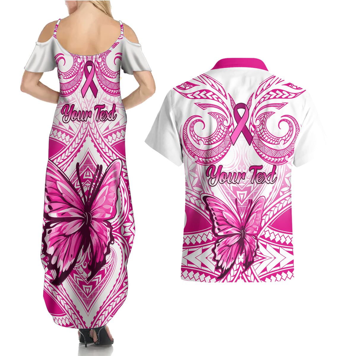 personalised-pink-out-couples-matching-summer-maxi-dress-and-hawaiian-shirt-breast-cancer-awareness-polynesian-pattern-white-version