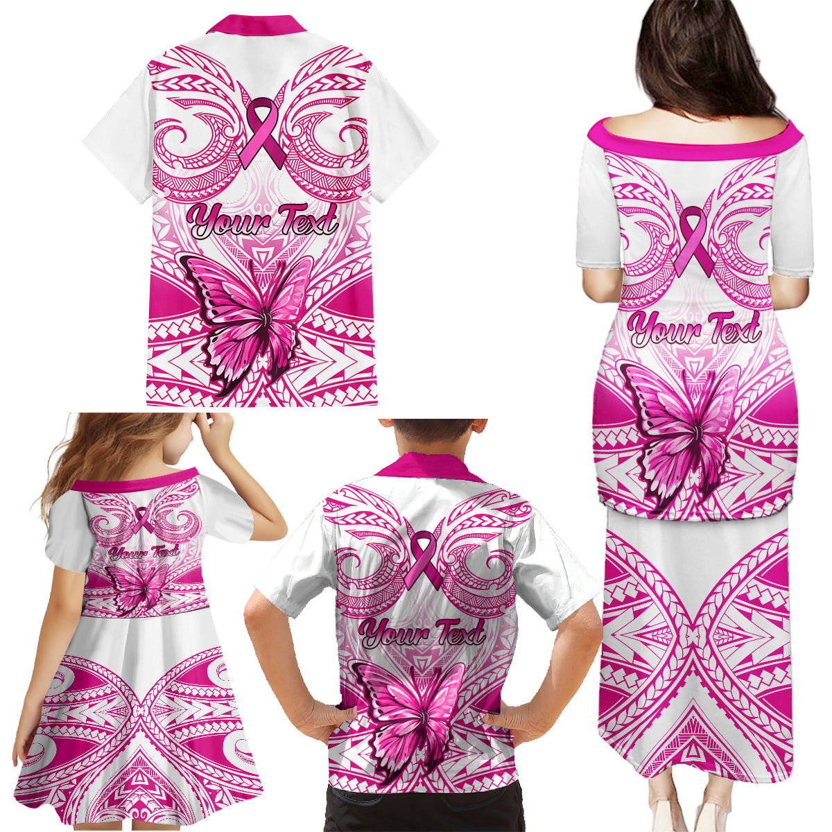 Personalised Pink Out Family Matching Puletasi Dress and Hawaiian Shirt Breast Cancer Awareness Polynesian Pattern White Version LT01 - Polynesian Pride