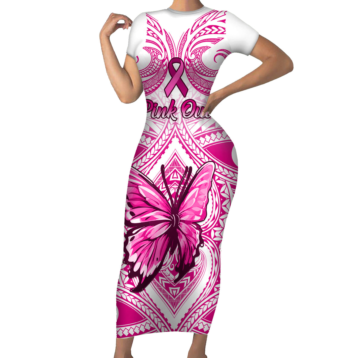 personalised-pink-out-family-matching-short-sleeve-bodycon-dress-and-hawaiian-shirt-breast-cancer-awareness-polynesian-pattern-white-version