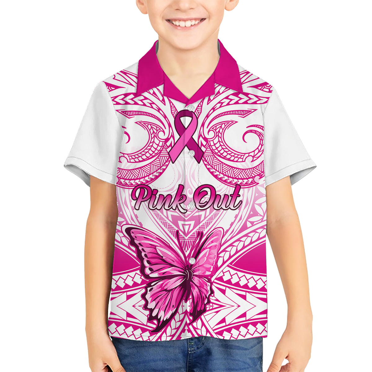 personalised-pink-out-family-matching-short-sleeve-bodycon-dress-and-hawaiian-shirt-breast-cancer-awareness-polynesian-pattern-white-version