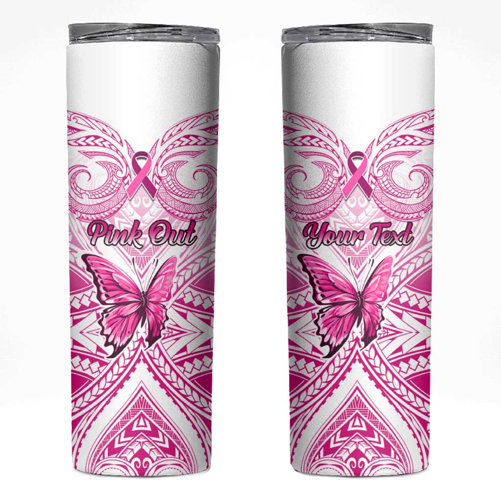 Personalised Pink Out Skinny Tumbler Breast Cancer Awareness Polynesian Pattern White Version