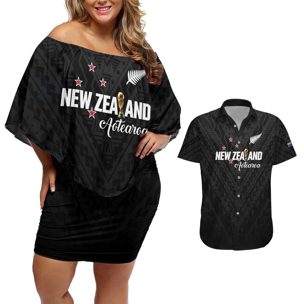 Custom Football New Zealand Couples Matching Off Shoulder Short Dress and Hawaiian Shirt Aotearoa United Black Version - Polynesian Pride