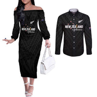 Custom Football New Zealand Couples Matching Off The Shoulder Long Sleeve Dress and Long Sleeve Button Shirt Aotearoa United Black Version LT01 Black - Polynesian Pride