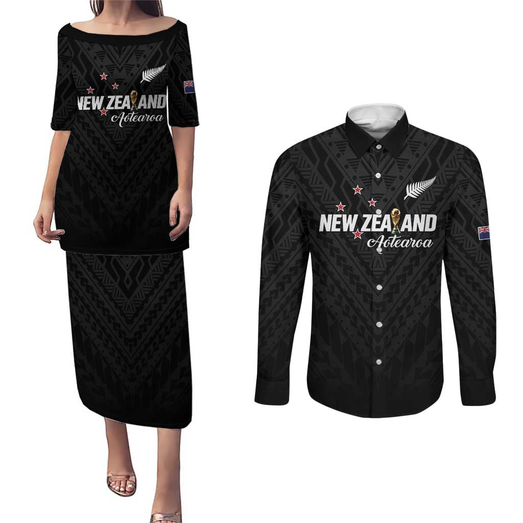 Custom Football New Zealand Couples Matching Puletasi and Long Sleeve Button Shirt Aotearoa United Black Version LT01 Black - Polynesian Pride