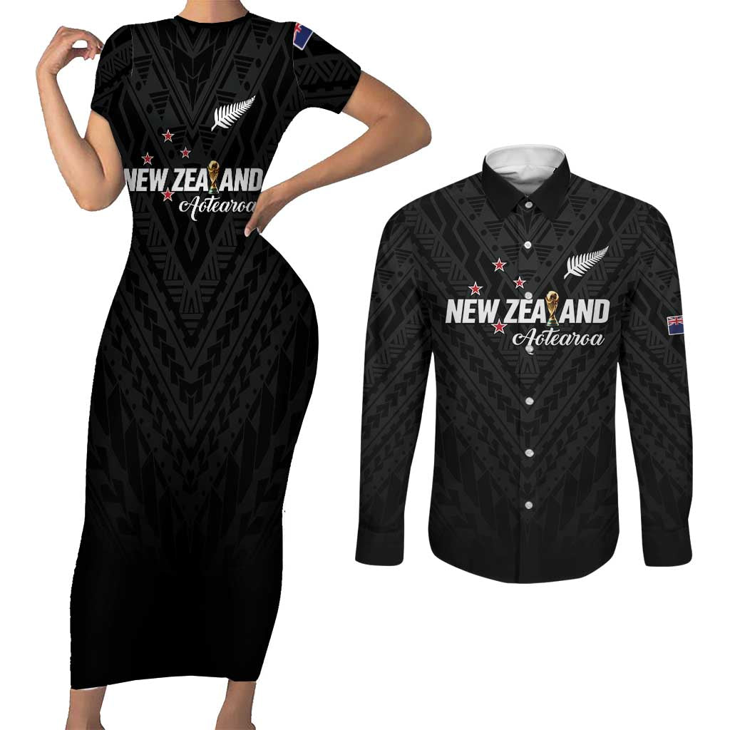 Custom Football New Zealand Couples Matching Short Sleeve Bodycon Dress and Long Sleeve Button Shirt Aotearoa United Black Version LT01 Black - Polynesian Pride