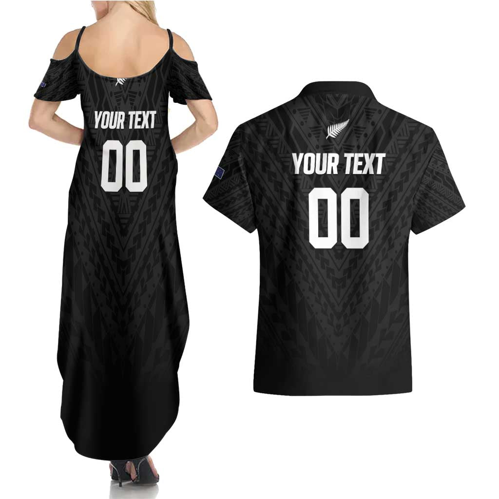 Custom Football New Zealand Couples Matching Summer Maxi Dress and Hawaiian Shirt Aotearoa United Black Version - Polynesian Pride