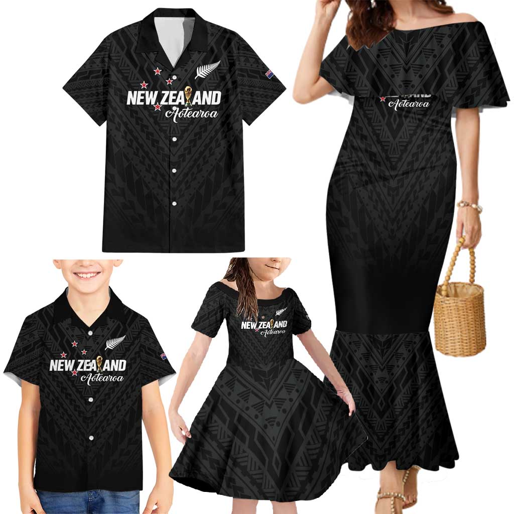 Custom Football New Zealand Family Matching Mermaid Dress and Hawaiian Shirt Aotearoa United Black Version - Polynesian Pride