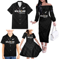 Custom Football New Zealand Family Matching Off The Shoulder Long Sleeve Dress and Hawaiian Shirt Aotearoa United Black Version - Polynesian Pride