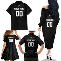 Custom Football New Zealand Family Matching Off The Shoulder Long Sleeve Dress and Hawaiian Shirt Aotearoa United Black Version - Polynesian Pride