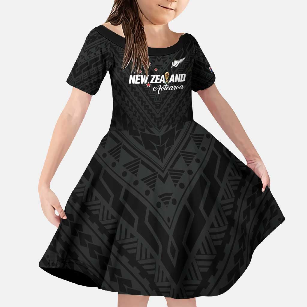 Custom Football New Zealand Family Matching Off Shoulder Maxi Dress and Hawaiian Shirt Aotearoa United Black Version - Polynesian Pride