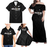 Custom Football New Zealand Family Matching Off Shoulder Maxi Dress and Hawaiian Shirt Aotearoa United Black Version - Polynesian Pride