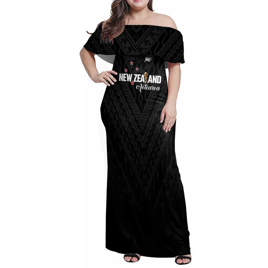 Custom Football New Zealand Family Matching Off Shoulder Maxi Dress and Hawaiian Shirt Aotearoa United Black Version - Polynesian Pride