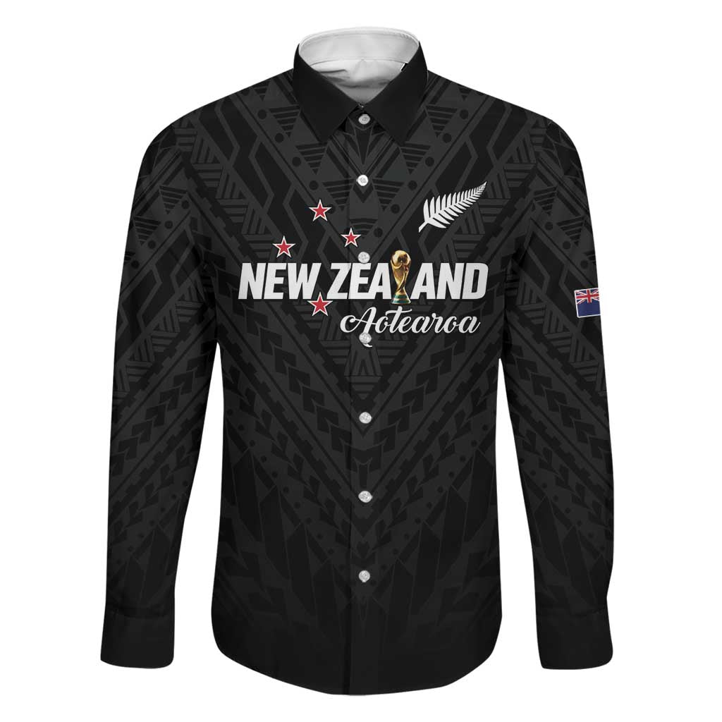 Custom Football New Zealand Family Matching Puletasi and Hawaiian Shirt Aotearoa United Black Version LT01 Dad's Shirt - Long Sleeve Black - Polynesian Pride