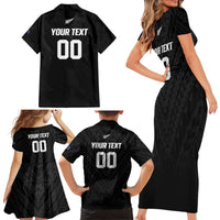 Custom Football New Zealand Family Matching Short Sleeve Bodycon Dress and Hawaiian Shirt Aotearoa United Black Version - Polynesian Pride