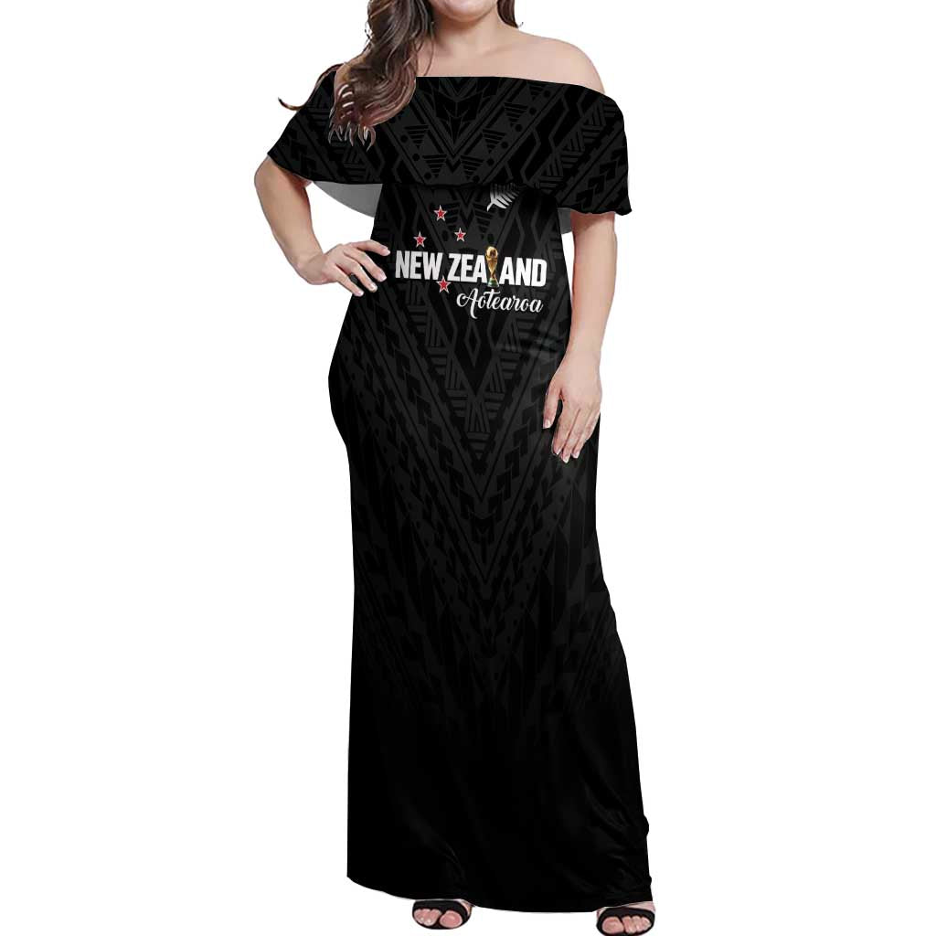 Custom Football New Zealand Off Shoulder Maxi Dress Aotearoa United Black Version LT01 Women Black - Polynesian Pride