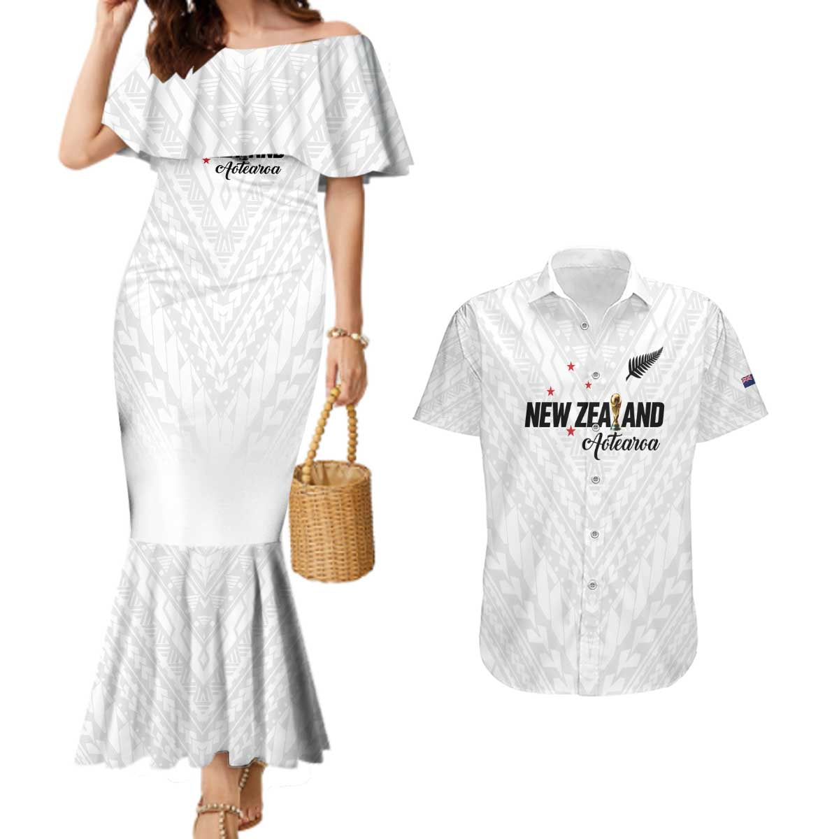 Custom Football New Zealand Couples Matching Mermaid Dress and Hawaiian Shirt Aotearoa United White Version - Polynesian Pride