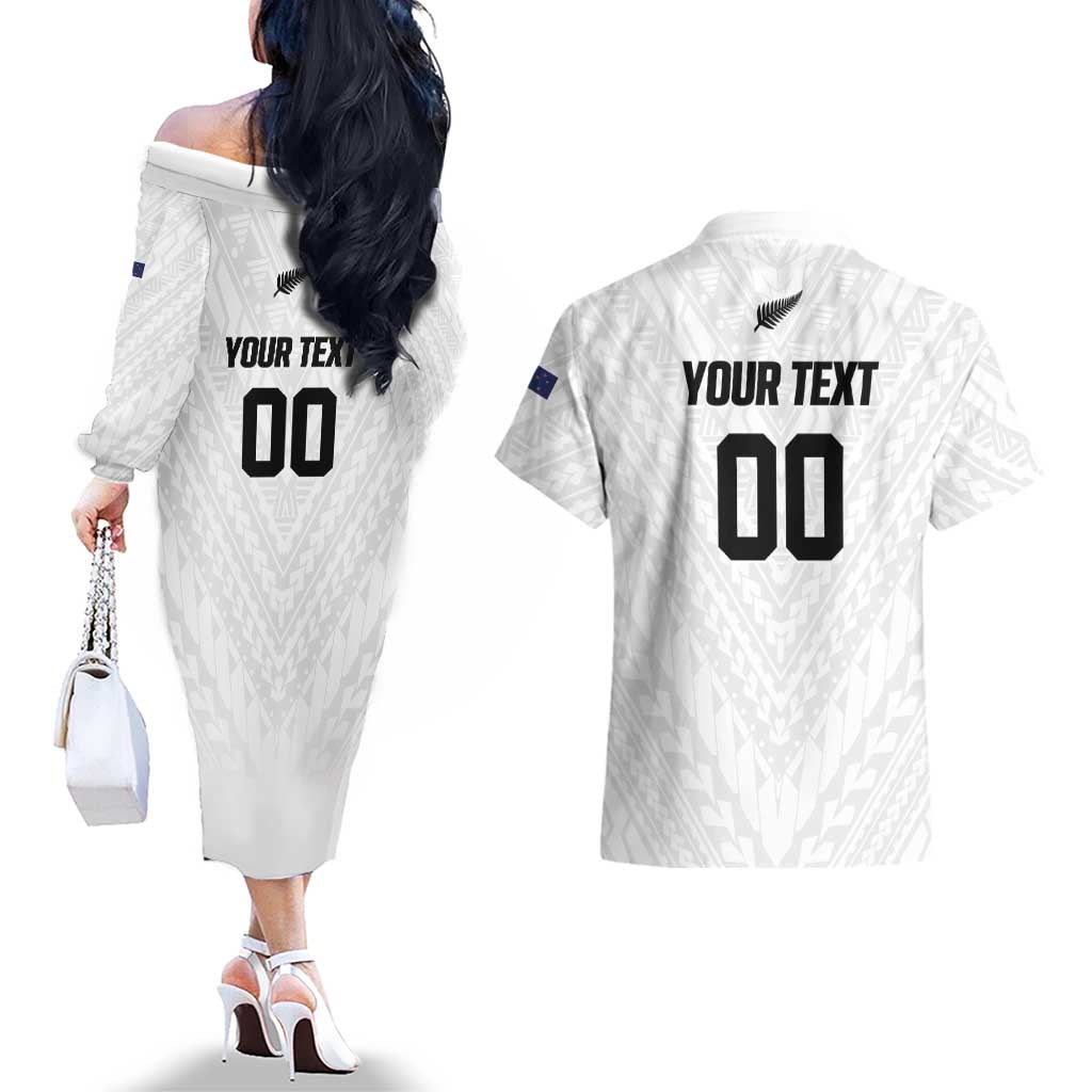 Custom Football New Zealand Couples Matching Off The Shoulder Long Sleeve Dress and Hawaiian Shirt Aotearoa United White Version LT01 - Polynesian Pride