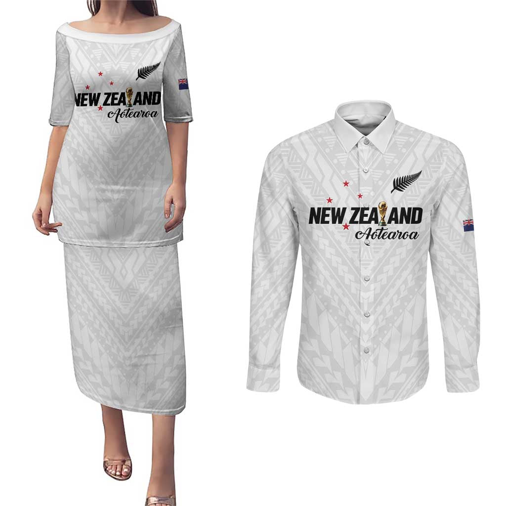 Custom Football New Zealand Couples Matching Puletasi and Long Sleeve Button Shirt Aotearoa United White Version LT01 White - Polynesian Pride