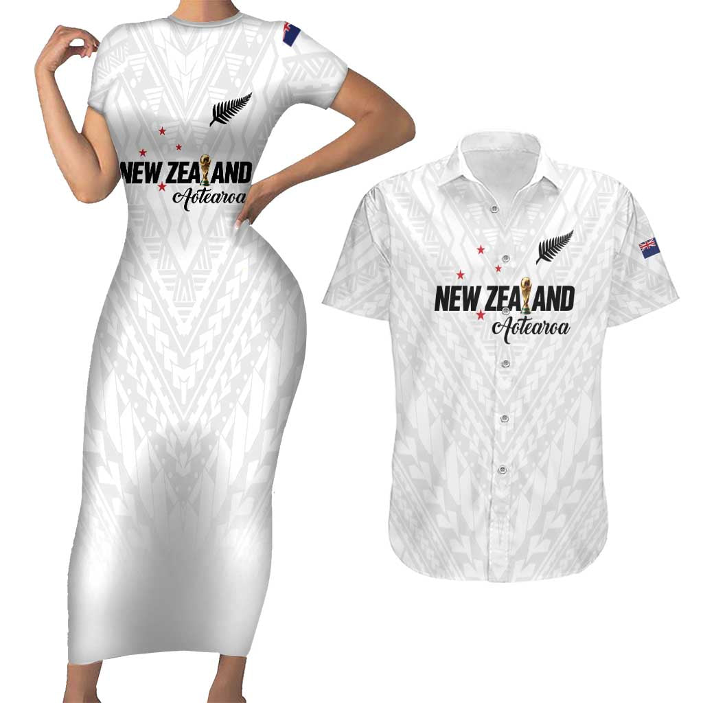 Custom Football New Zealand Couples Matching Short Sleeve Bodycon Dress and Hawaiian Shirt Aotearoa United White Version LT01 White - Polynesian Pride