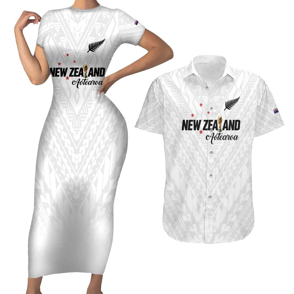 Custom Football New Zealand Couples Matching Short Sleeve Bodycon Dress and Hawaiian Shirt Aotearoa United White Version - Polynesian Pride