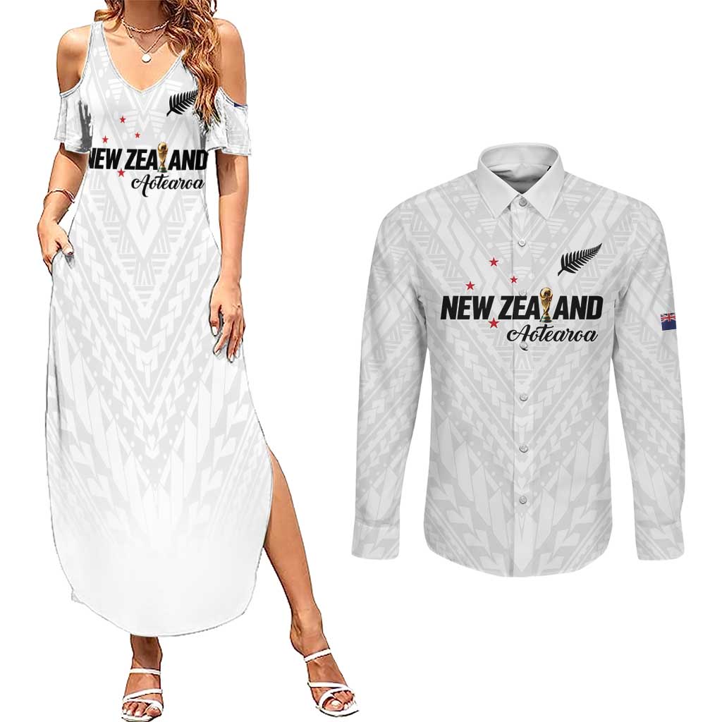 Custom Football New Zealand Couples Matching Summer Maxi Dress and Long Sleeve Button Shirt Aotearoa United White Version - Polynesian Pride