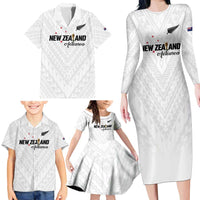 Custom Football New Zealand Family Matching Long Sleeve Bodycon Dress and Hawaiian Shirt Aotearoa United White Version - Polynesian Pride