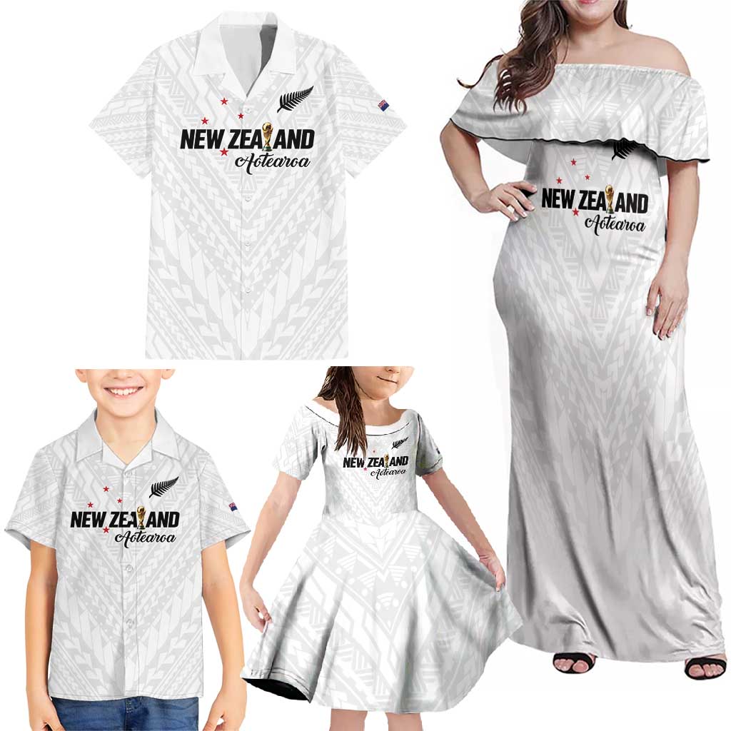 Custom Football New Zealand Family Matching Off Shoulder Maxi Dress and Hawaiian Shirt Aotearoa United White Version - Polynesian Pride