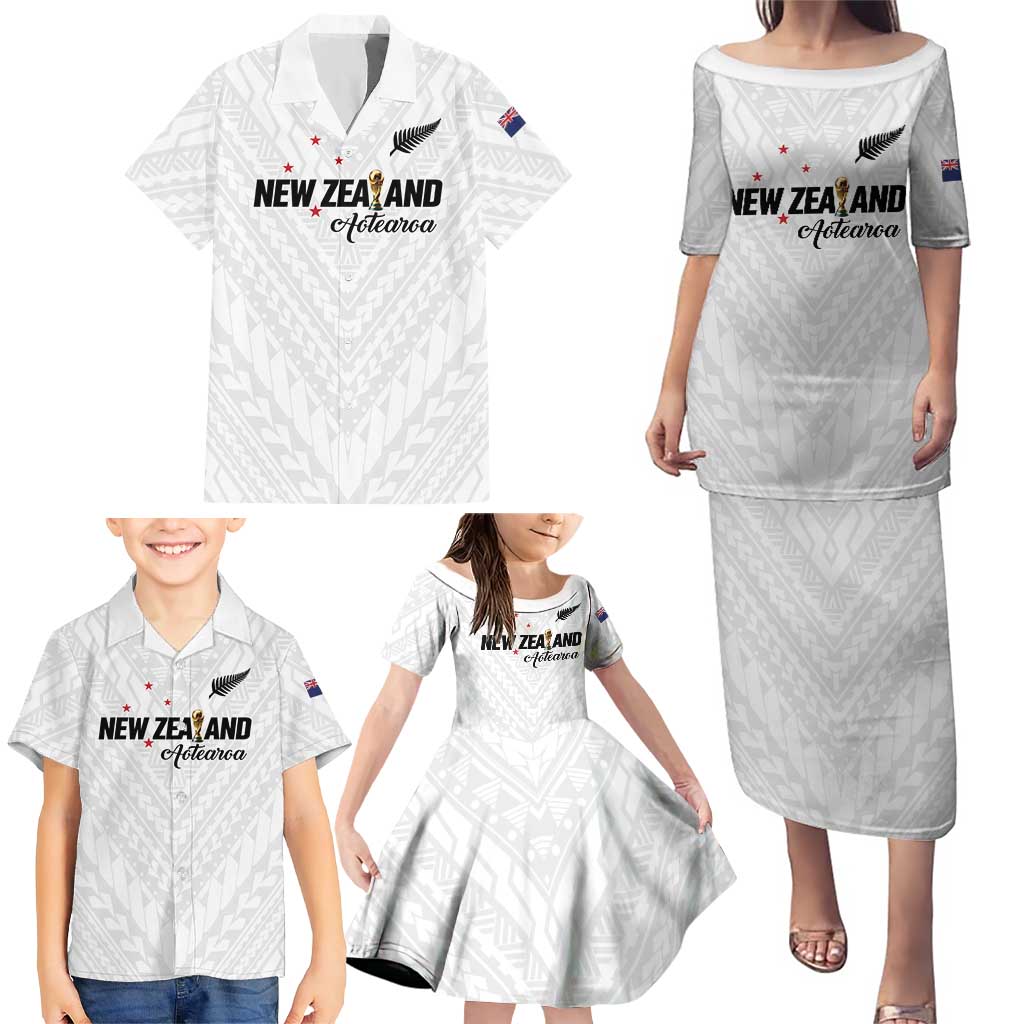 Custom Football New Zealand Family Matching Puletasi and Hawaiian Shirt Aotearoa United White Version LT01 - Polynesian Pride