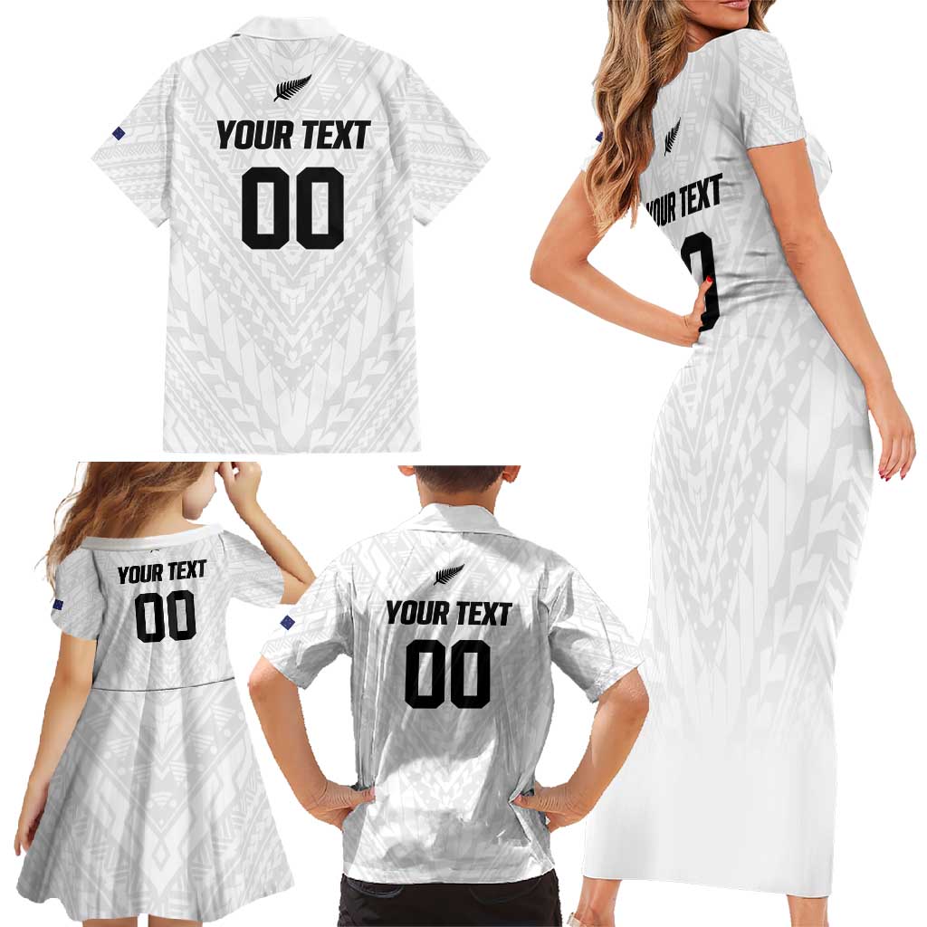 Custom Football New Zealand Family Matching Short Sleeve Bodycon Dress and Hawaiian Shirt Aotearoa United White Version - Polynesian Pride