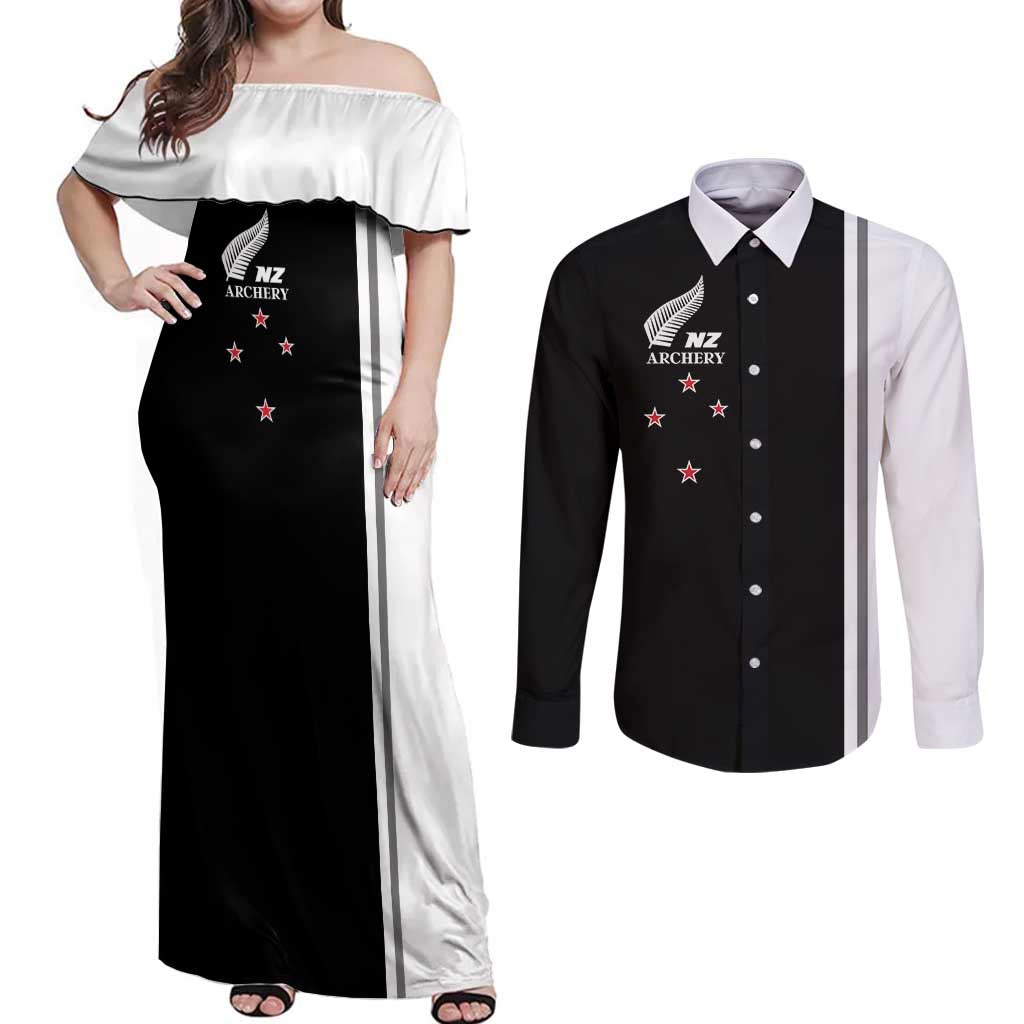 Personalised New Zealand 2025 Archery Basic Couples Matching Off Shoulder Maxi Dress and Long Sleeve Button Shirt Archery NZ