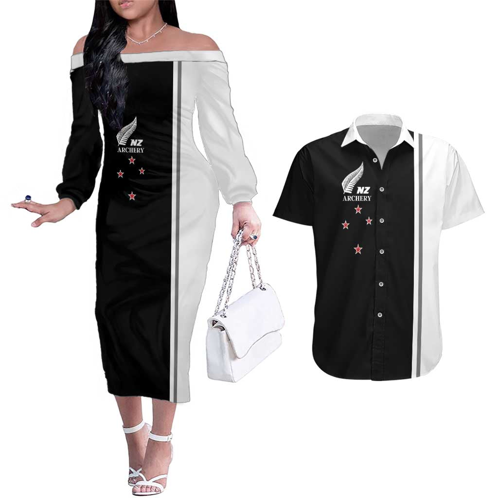 Personalised New Zealand 2025 Archery Basic Couples Matching Off The Shoulder Long Sleeve Dress and Hawaiian Shirt Archery NZ