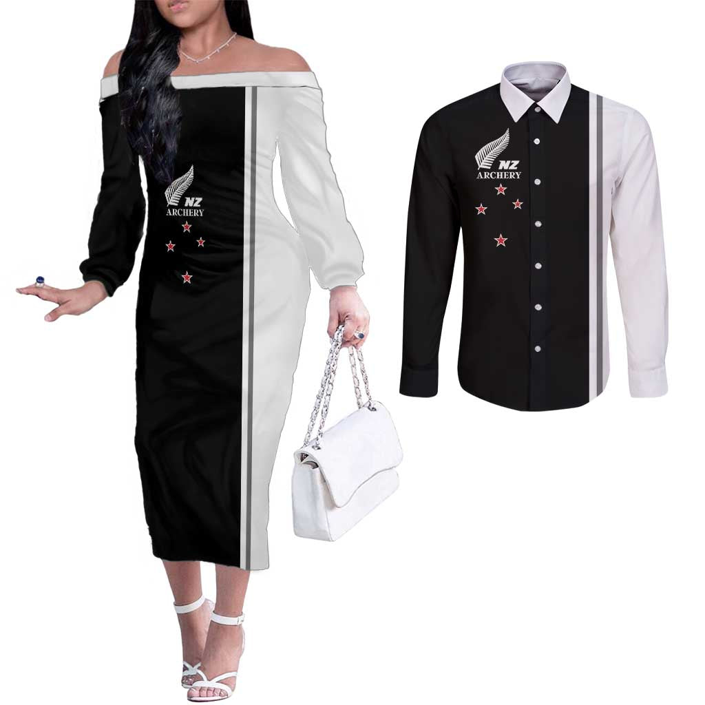 Personalised New Zealand 2025 Archery Basic Couples Matching Off The Shoulder Long Sleeve Dress and Long Sleeve Button Shirt Archery NZ LT01 Black - Polynesian Pride
