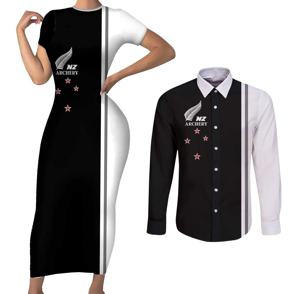 Personalised New Zealand 2025 Archery Basic Couples Matching Short Sleeve Bodycon Dress and Long Sleeve Button Shirt Archery NZ