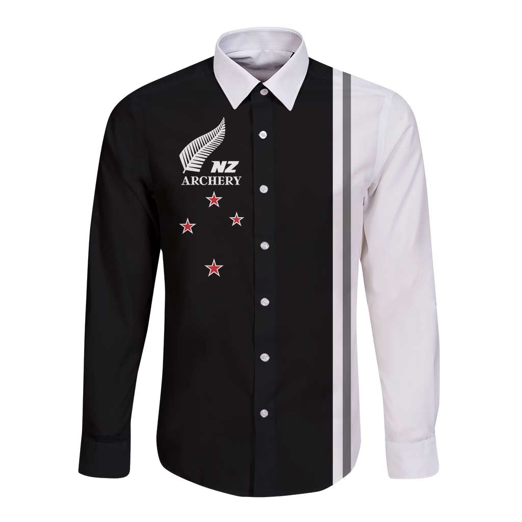 Personalised New Zealand 2025 Archery Basic Long Sleeve Button Shirt Archery NZ LT01 Unisex Black - Polynesian Pride