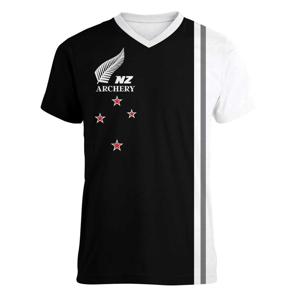Personalised New Zealand 2025 Archery Basic Women V-Neck T-Shirt Archery NZ LT01 Female Black - Polynesian Pride