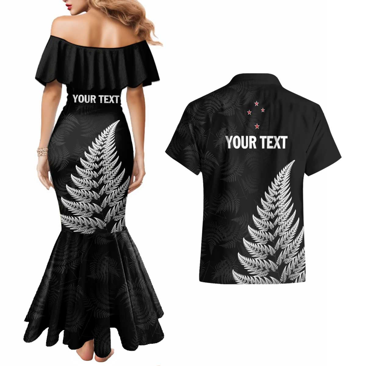 Personalised New Zealand 2025 Archery Couples Matching Mermaid Dress and Hawaiian Shirt Aotearoa Silver Arrows Black