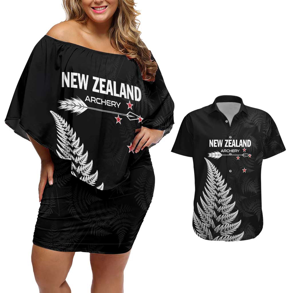Personalised New Zealand 2025 Archery Couples Matching Off Shoulder Short Dress and Hawaiian Shirt Aotearoa Silver Arrows Black LT01 Black - Polynesian Pride
