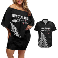 Personalised New Zealand 2025 Archery Couples Matching Off Shoulder Short Dress and Hawaiian Shirt Aotearoa Silver Arrows Black LT01 Black - Polynesian Pride