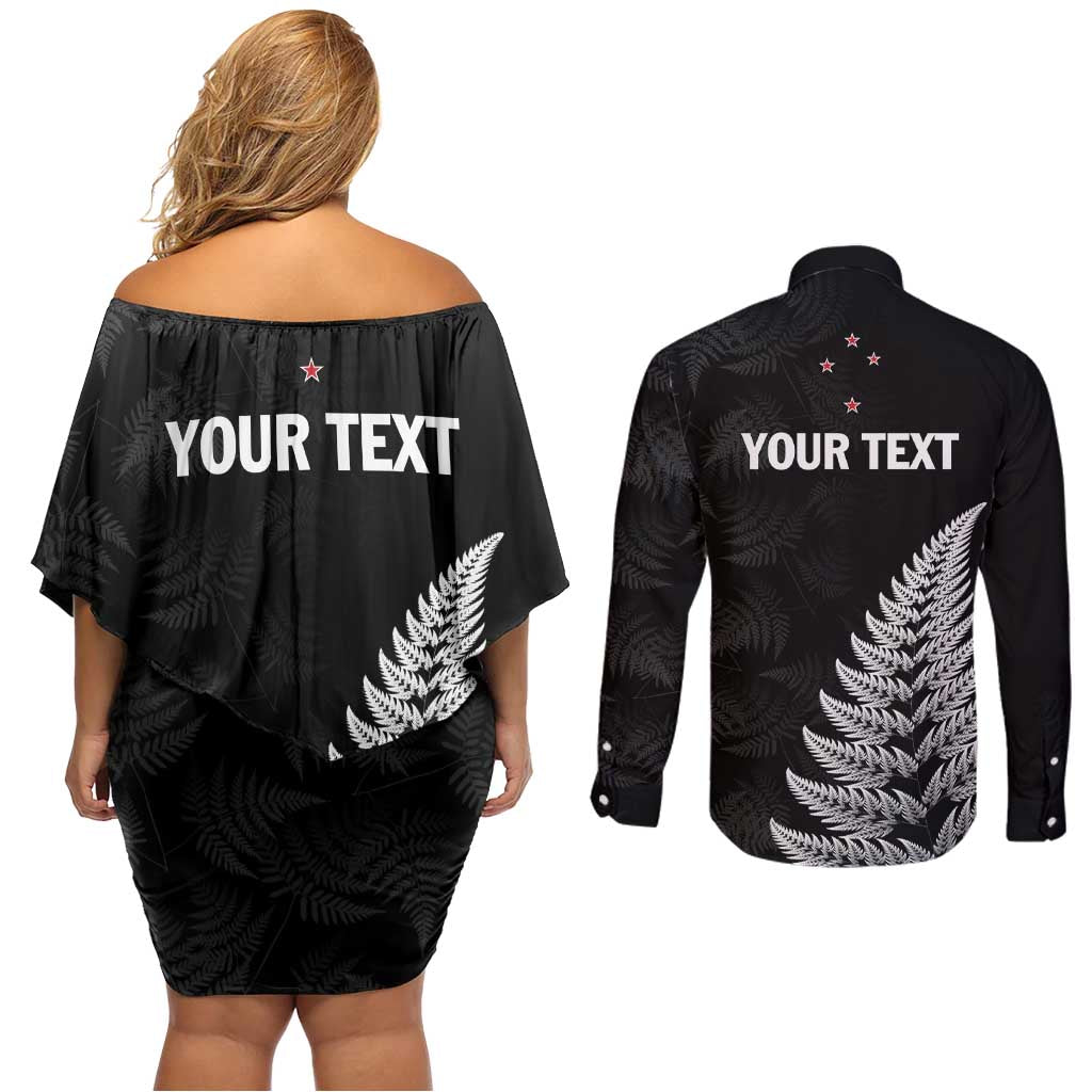 Personalised New Zealand 2025 Archery Couples Matching Off Shoulder Short Dress and Long Sleeve Button Shirt Aotearoa Silver Arrows Black LT01 - Polynesian Pride