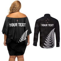Personalised New Zealand 2025 Archery Couples Matching Off Shoulder Short Dress and Long Sleeve Button Shirt Aotearoa Silver Arrows Black LT01 - Polynesian Pride