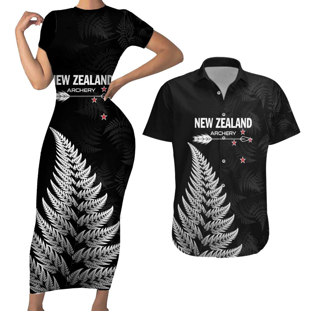 Personalised New Zealand 2025 Archery Couples Matching Short Sleeve Bodycon Dress and Hawaiian Shirt Aotearoa Silver Arrows Black LT01 Black - Polynesian Pride