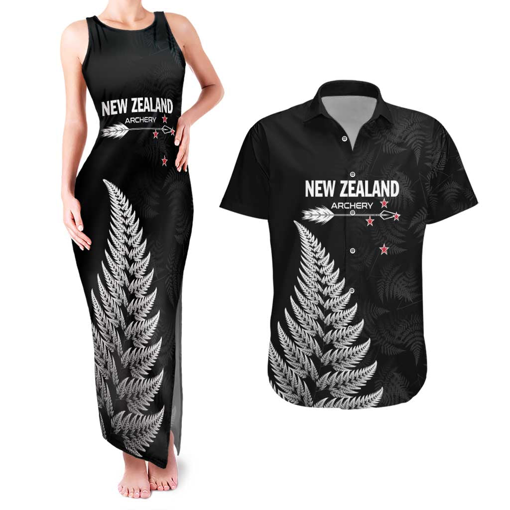 Personalised New Zealand 2025 Archery Couples Matching Tank Maxi Dress and Hawaiian Shirt Aotearoa Silver Arrows Black LT01 Black - Polynesian Pride