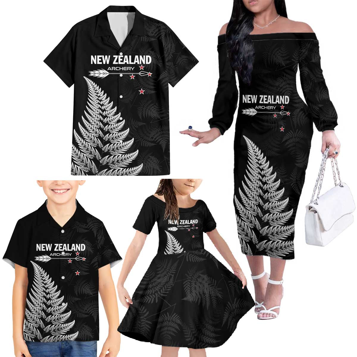 Personalised New Zealand 2025 Archery Family Matching Off The Shoulder Long Sleeve Dress and Hawaiian Shirt Aotearoa Silver Arrows Black