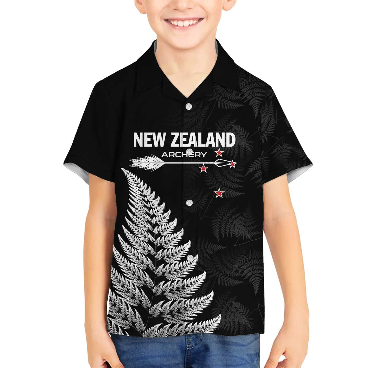 Personalised New Zealand 2025 Archery Family Matching Off The Shoulder Long Sleeve Dress and Hawaiian Shirt Aotearoa Silver Arrows Black