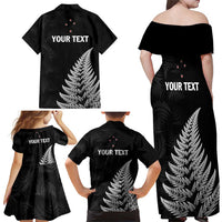 Personalised New Zealand 2025 Archery Family Matching Off Shoulder Maxi Dress and Hawaiian Shirt Aotearoa Silver Arrows Black