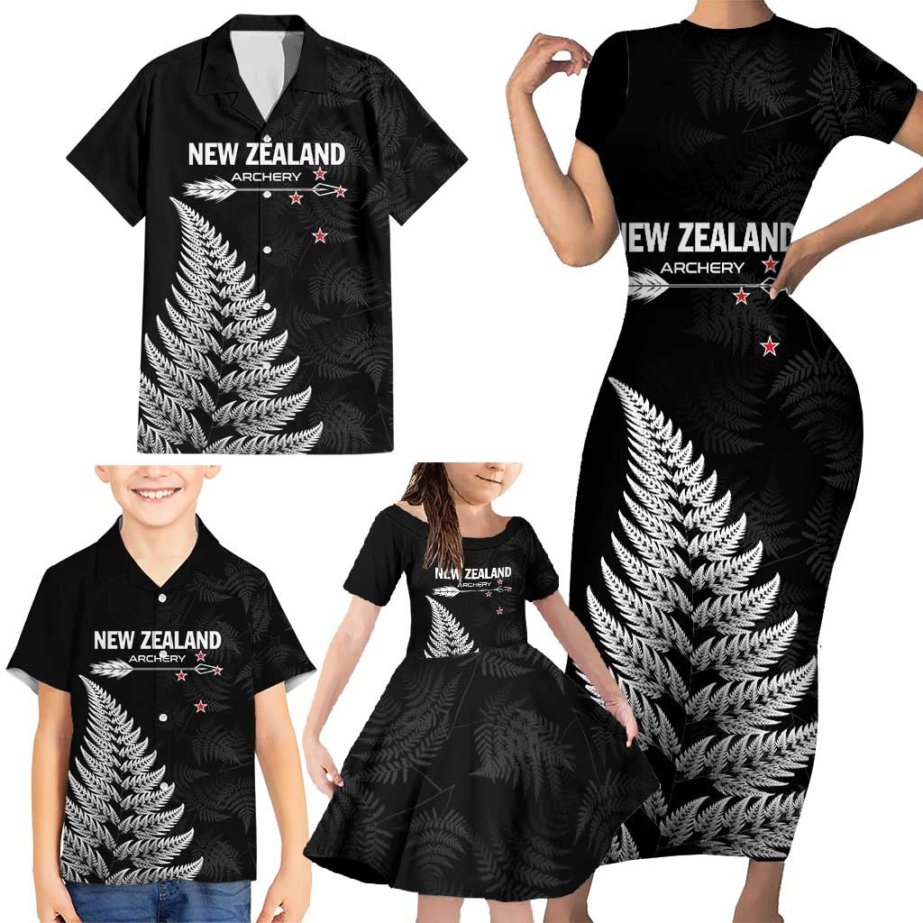 Personalised New Zealand 2025 Archery Family Matching Short Sleeve Bodycon Dress and Hawaiian Shirt Aotearoa Silver Arrows Black LT01 - Polynesian Pride